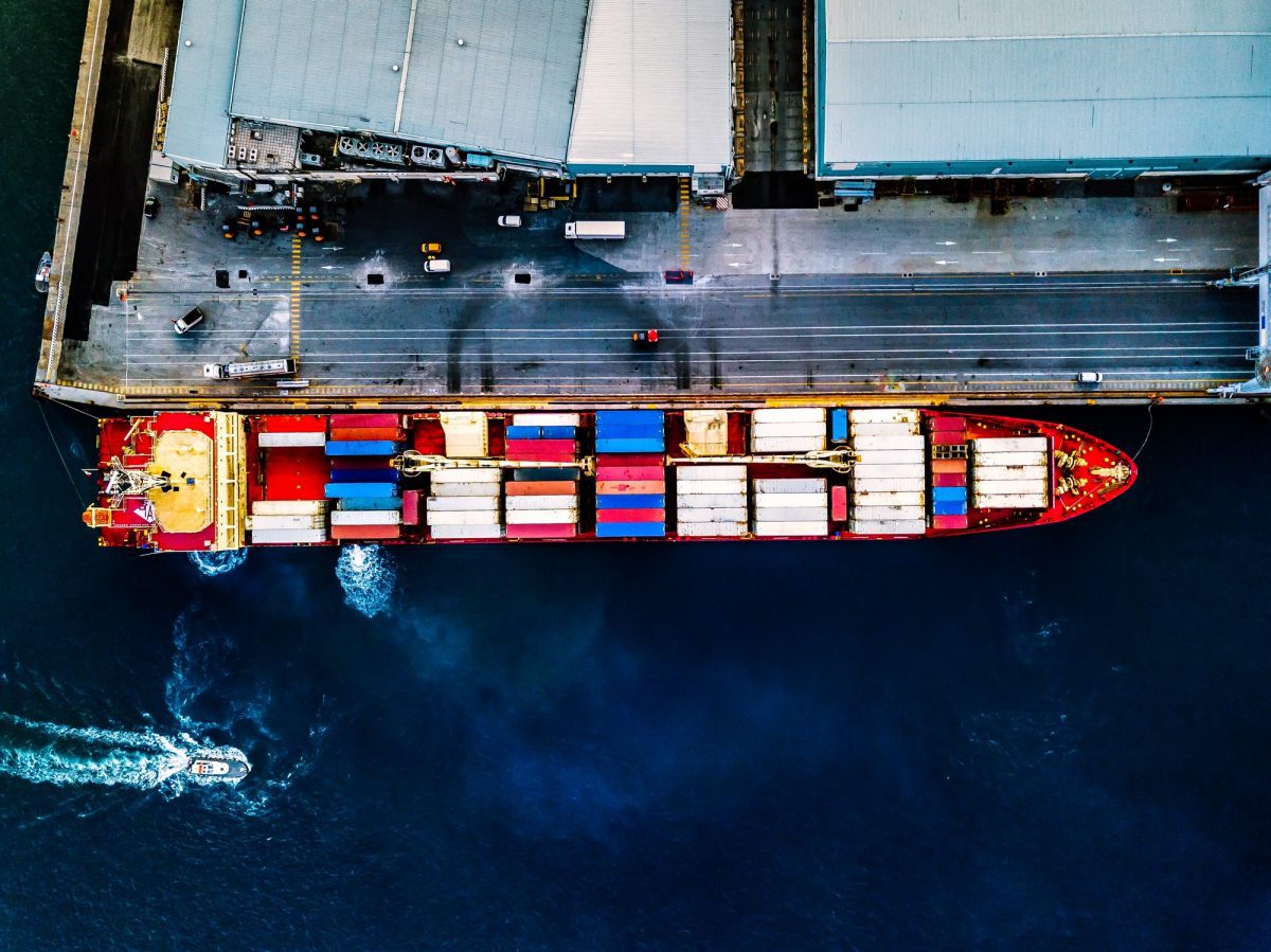 Aerial view of container ship at sea port